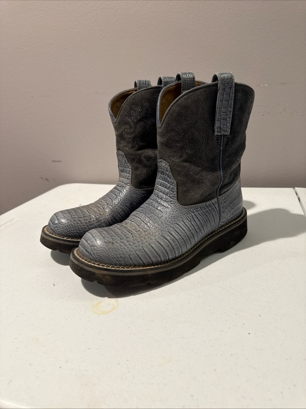 Ariat Gray Textured Leather & Suede Western Pull-On Boots